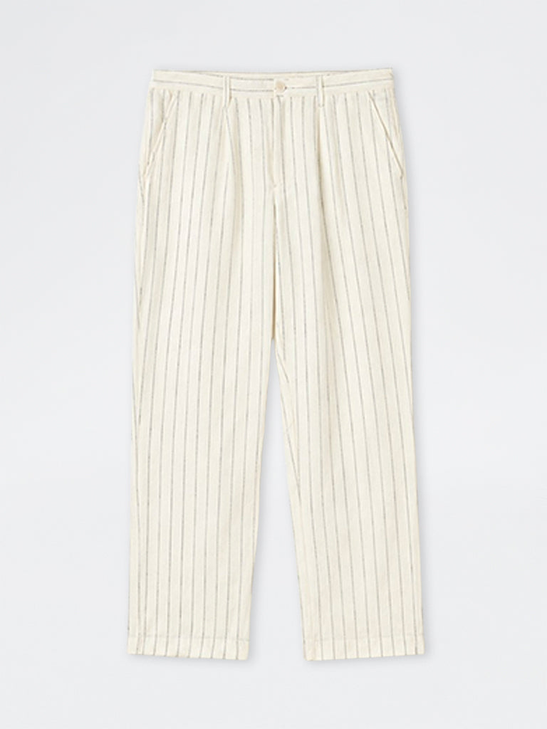 Ascot Off-White Pinstriped Mid-Rise Relaxed-Fit Linen Trousers
