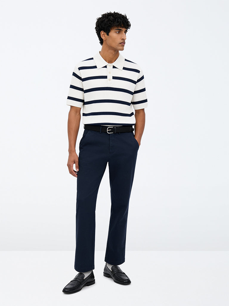 Ascot Navy Relaxed-Fit Mid-Rise Cotton-Blend Trousers