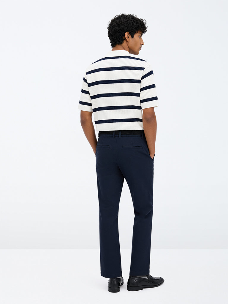 Ascot Navy Relaxed-Fit Mid-Rise Cotton-Blend Trousers