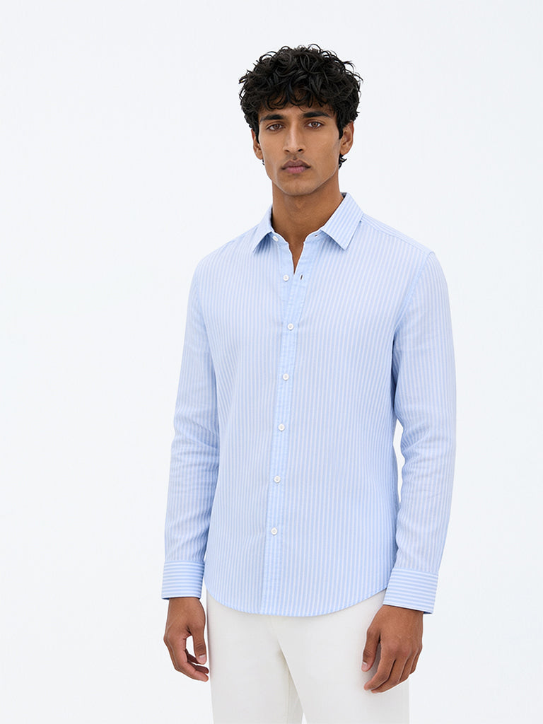 Ascot Light Blue Striped Relaxed-Fit Linen Shirt