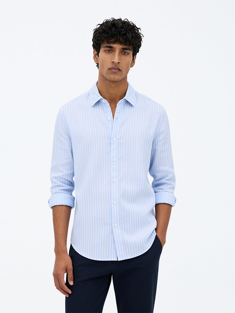 Ascot Light Blue Striped Relaxed-Fit Linen Shirt