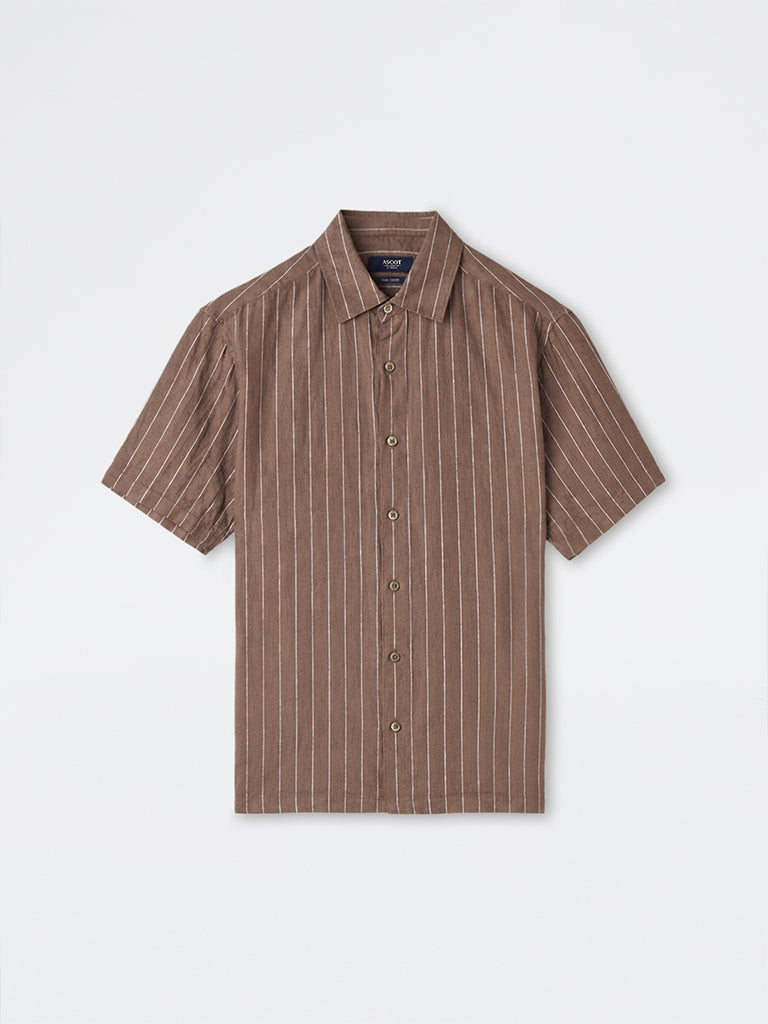 Ascot Brown Striped Relaxed-Fit Linen Shirt