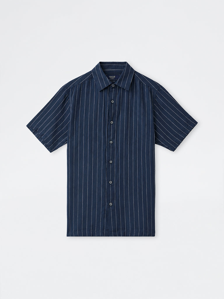 Ascot Navy Striped Relaxed-Fit Linen Shirt