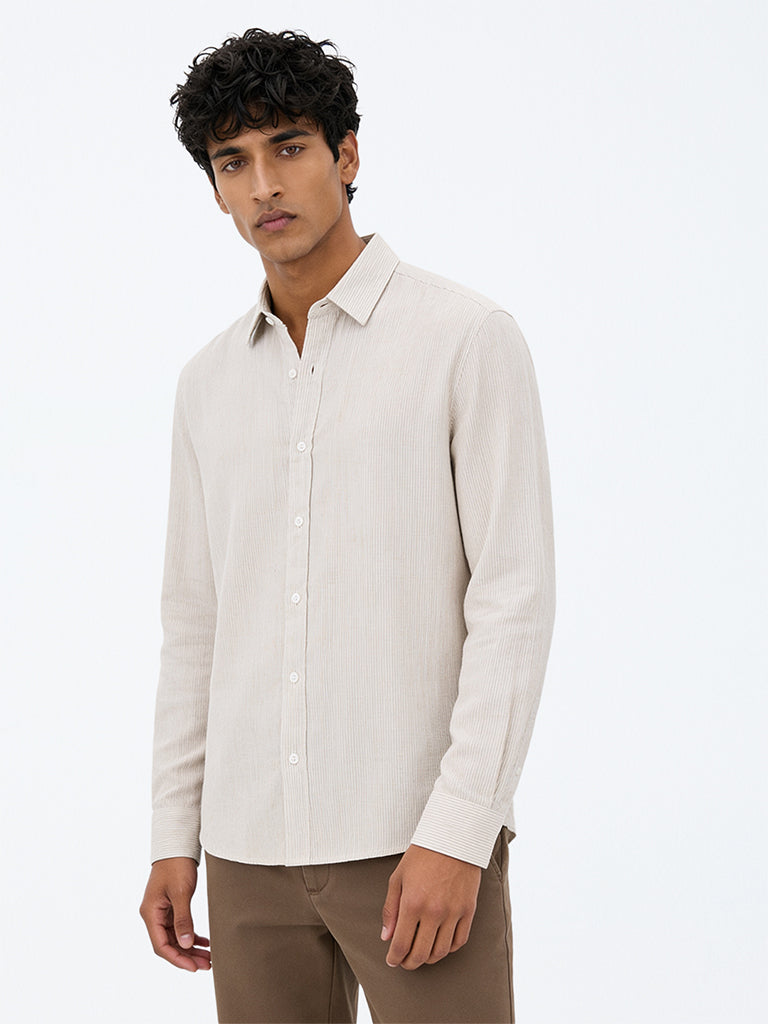 Ascot Beige Striped Relaxed-Fit Linen Shirt