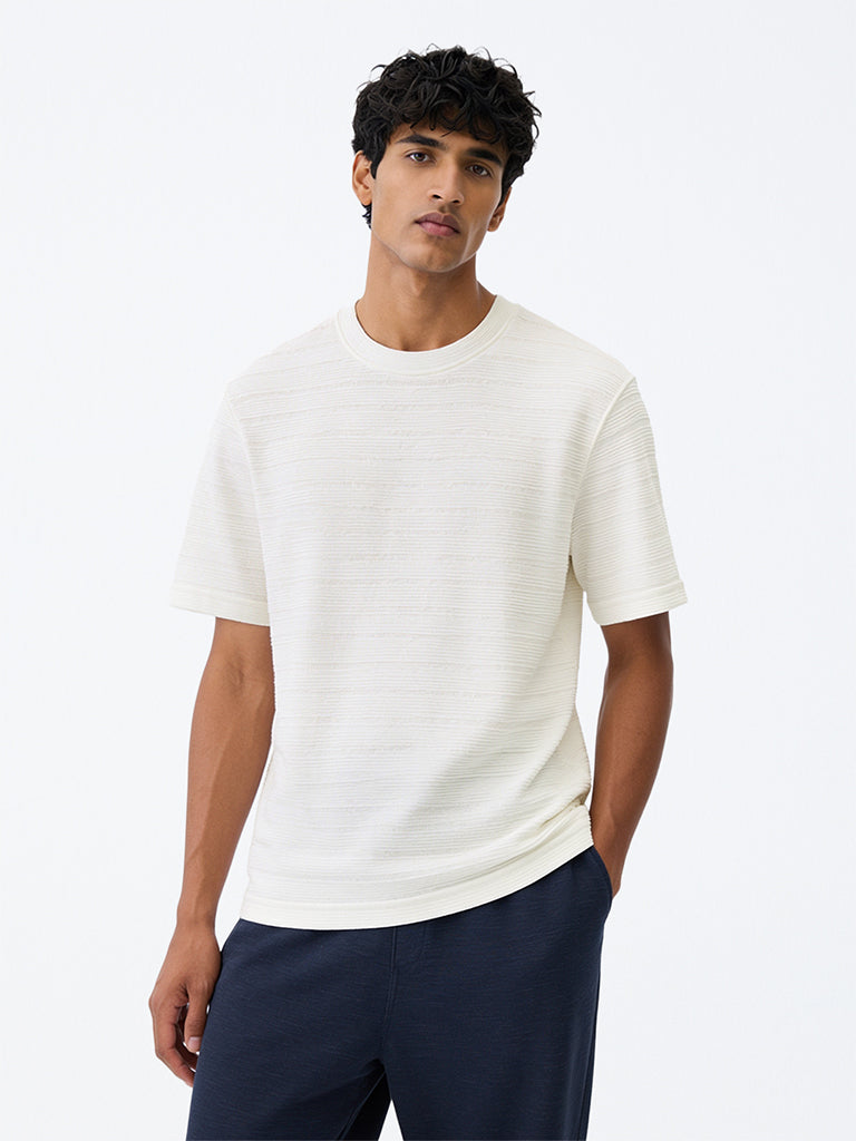 WES Lounge Off-White Self-Striped Relaxed-Fit T-Shirt