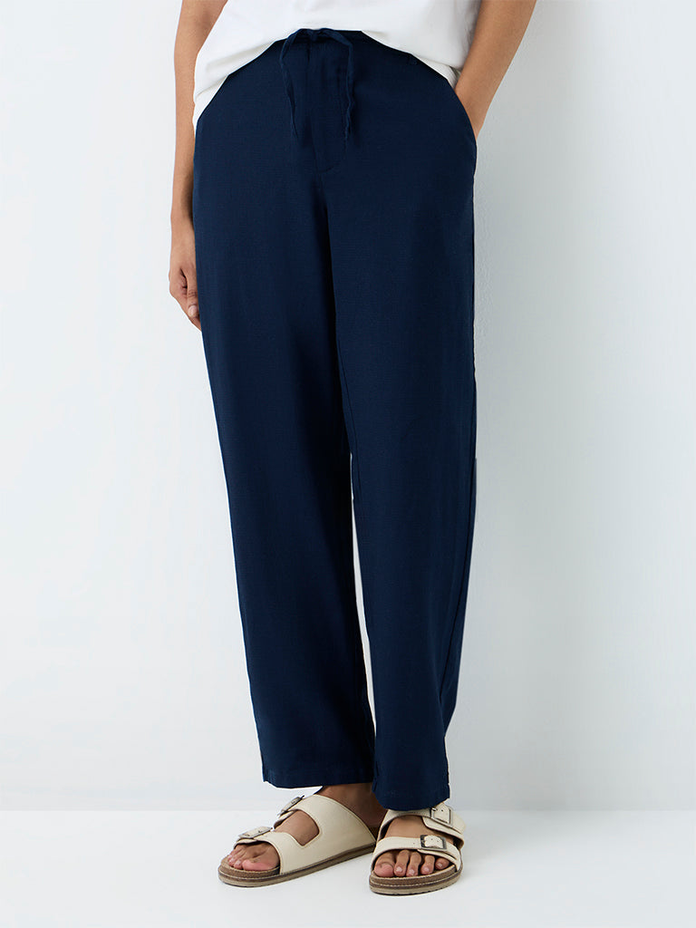 ETA Navy Solid Relaxed-Fit Mid-Rise Cotton-Blend Chinos