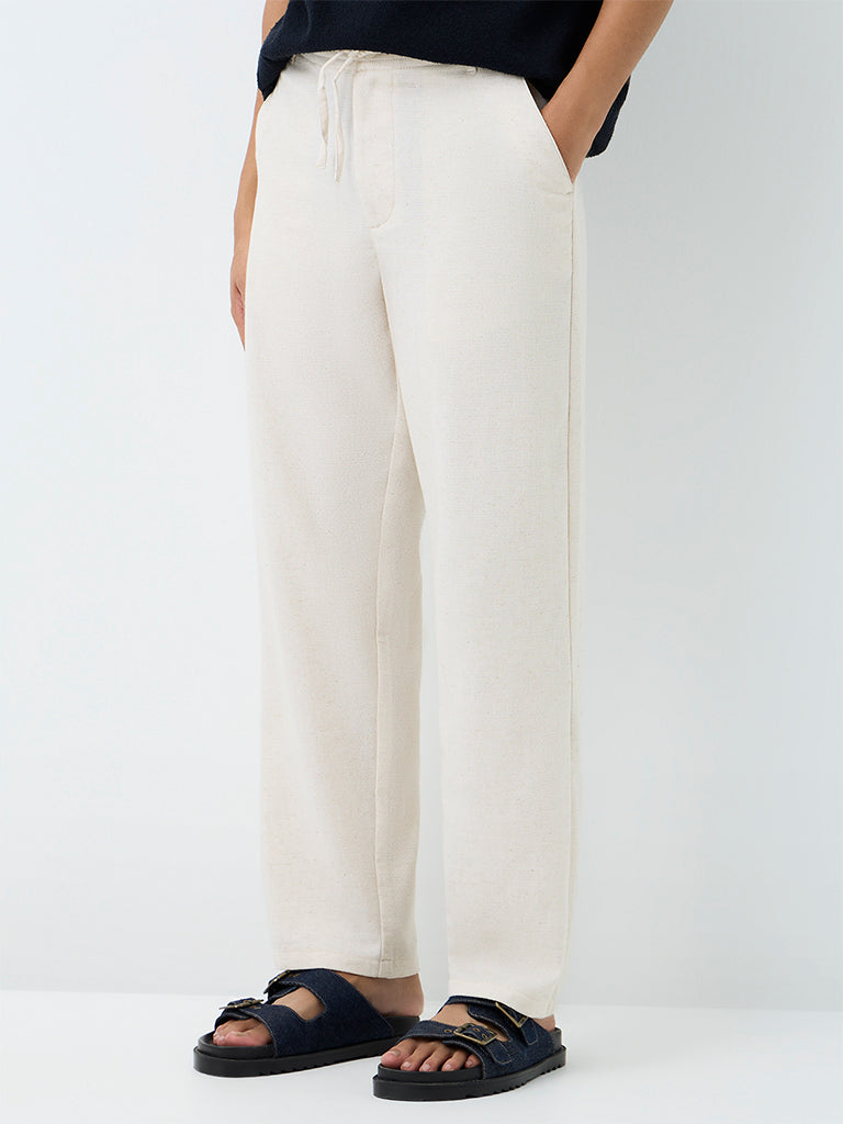 ETA Off-White Solid Relaxed-Fit Mid-Rise Cotton-Blend Chinos
