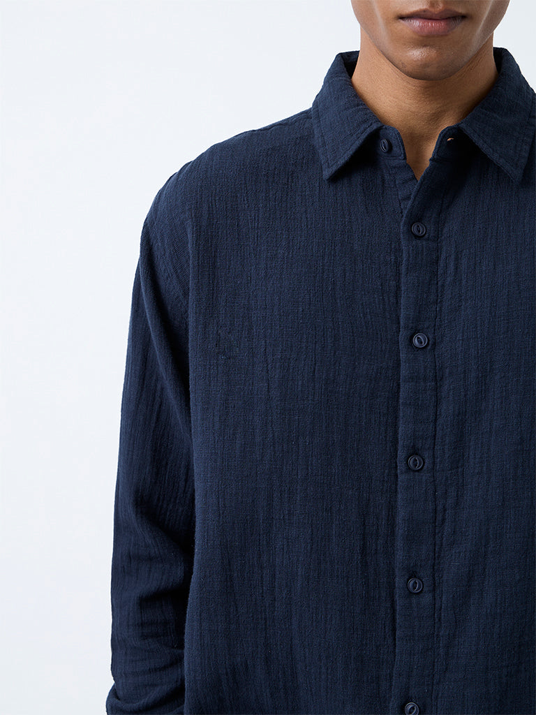 ETA Navy Crinkle-Textured Relaxed-Fit Cotton Shirt