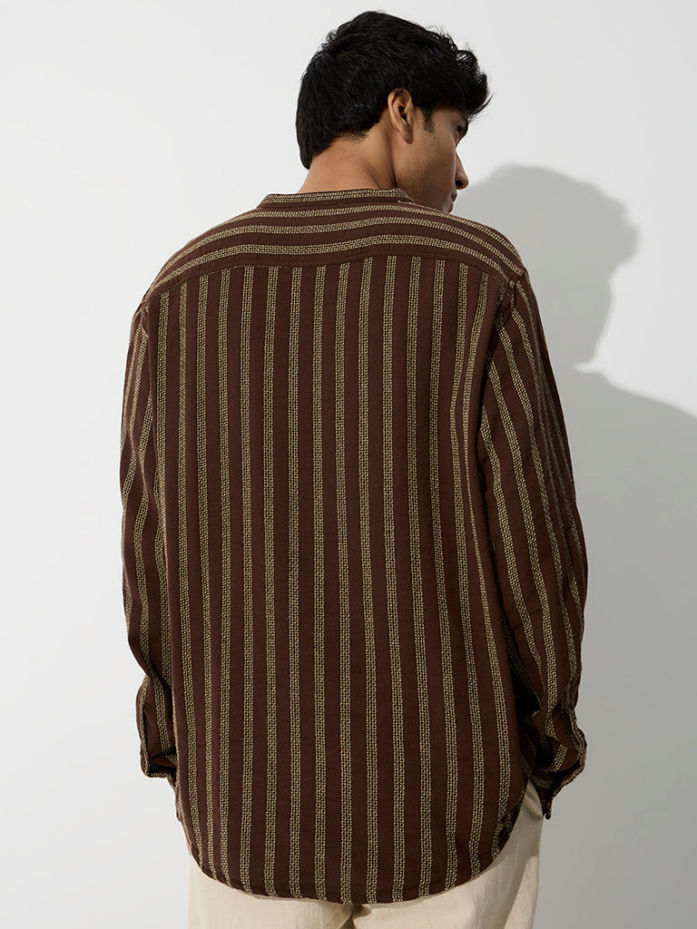 ETA Brown Striped Embroidered Relaxed-Fit Cotton Shirt