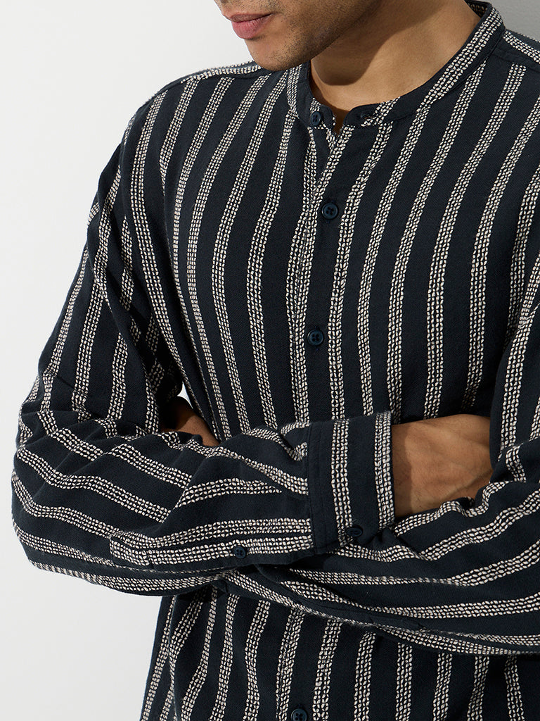 ETA Navy Stripe Embroidered Relaxed-Fit Cotton Shirt