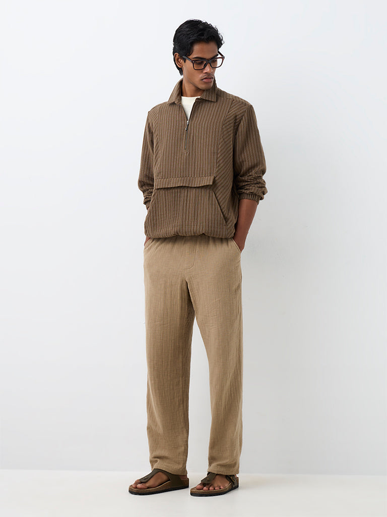ETA Brown Striped Quarter-Zip Relaxed-Fit Cotton Pullover Jacket