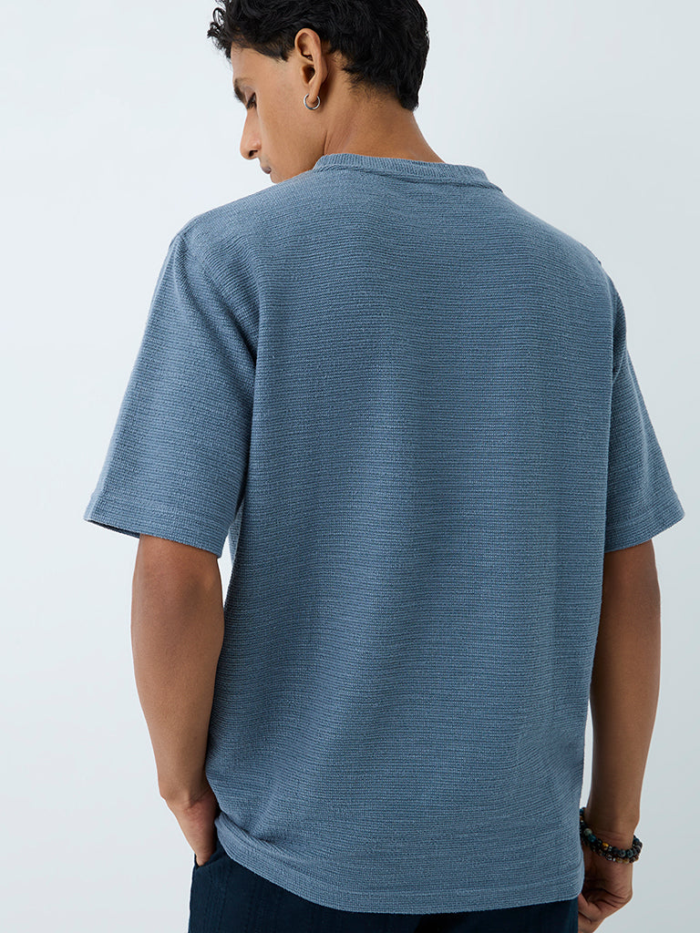 ETA Blue Knit-Textured Relaxed-Fit Cotton-Blend T-Shirt