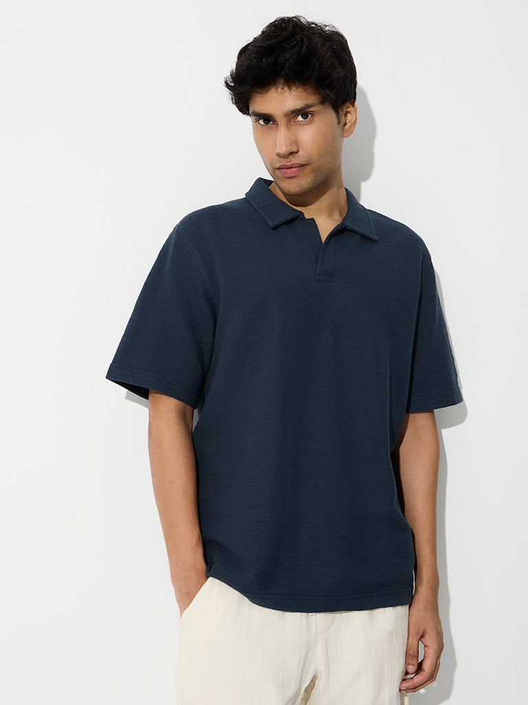 ETA Navy Textured Relaxed-Fit Cotton-Blend T-Shirt