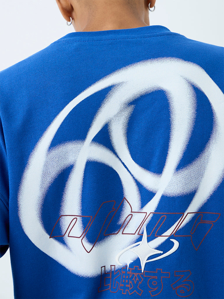 Nuon Blue Graphic Printed Relaxed-Fit Cotton Sweatshirt