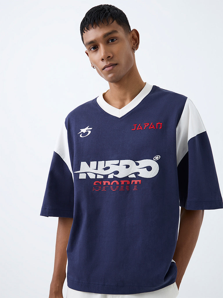 Nuon Navy Text-Design Relaxed-Fit Cotton T-Shirt