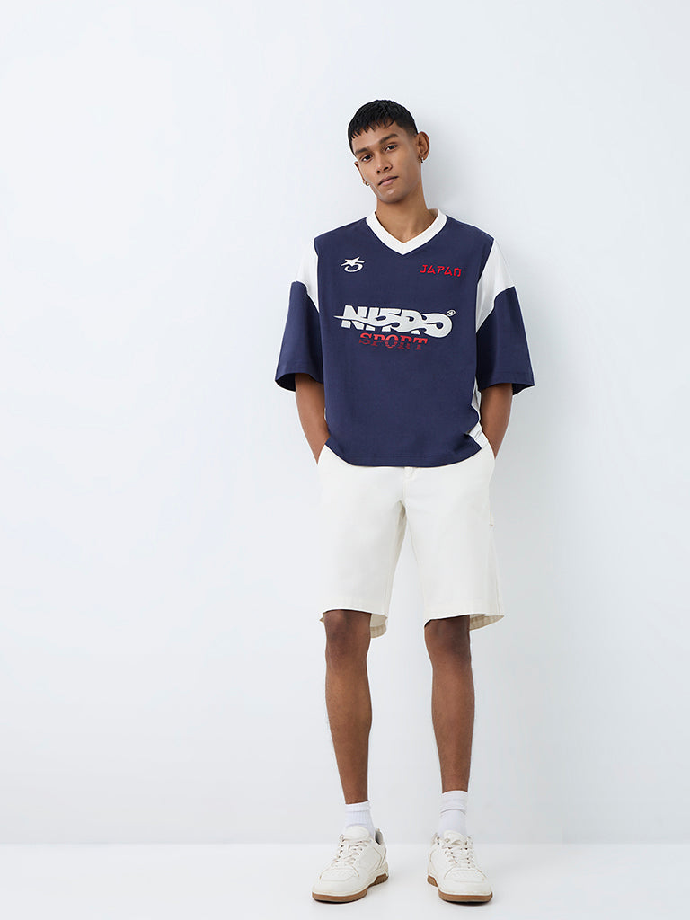 Nuon Navy Text-Design Relaxed-Fit Cotton T-Shirt