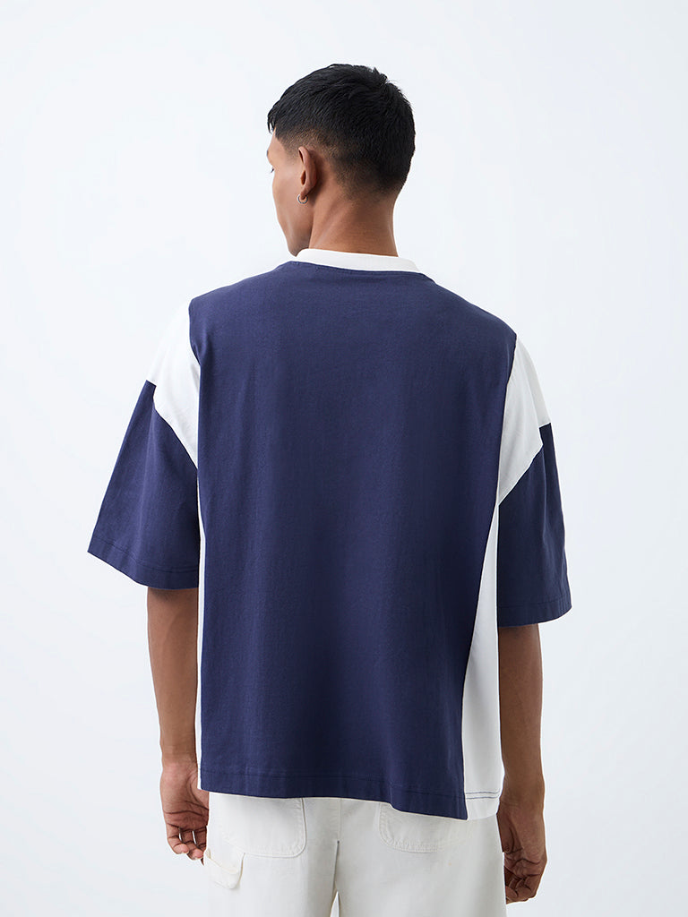 Nuon Navy Text-Design Relaxed-Fit Cotton T-Shirt