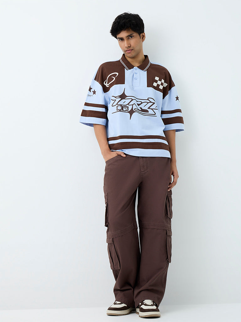 Nuon Light Blue Color-Blocked Oversized Cotton T-Shirt