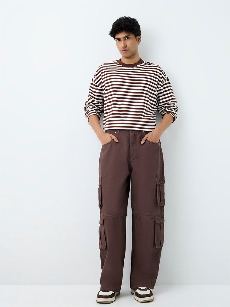 Nuon Brown Striped Oversized Cotton T-Shirt