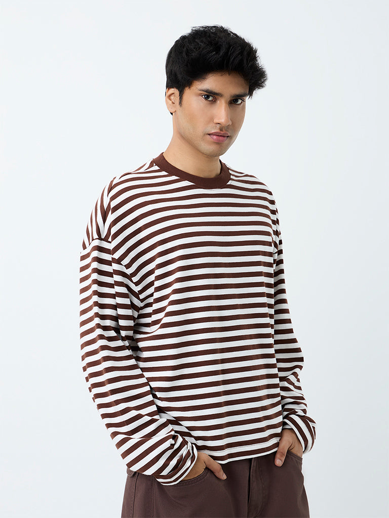 Nuon Brown Striped Oversized Cotton T-Shirt