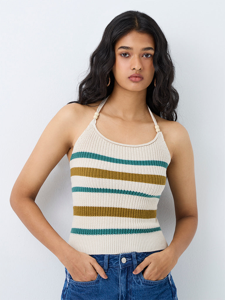 Bombay Paisley Off-White Striped Knitted Cotton Top