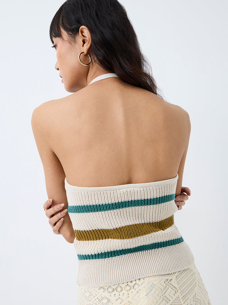 Bombay Paisley Off-White Striped Knitted Cotton Top