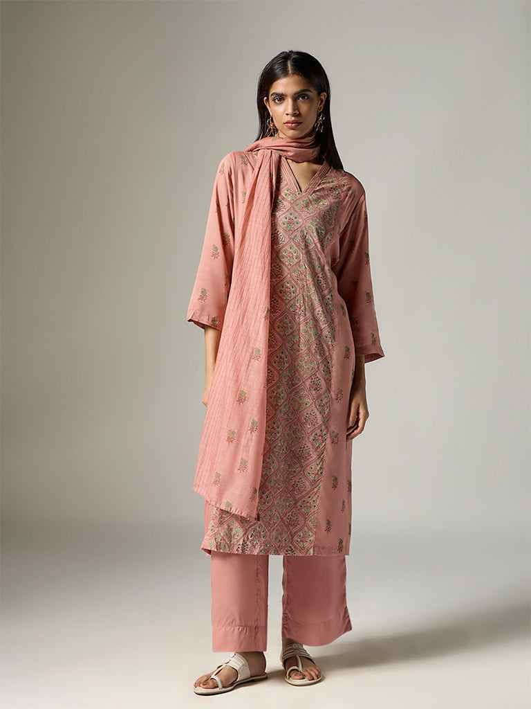 Zuba Peach Floral Pattern Cotton-Blend Stole