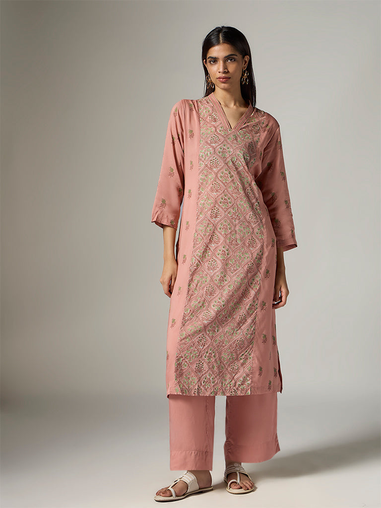 Zuba Peach Floral Design A-Line Kurta