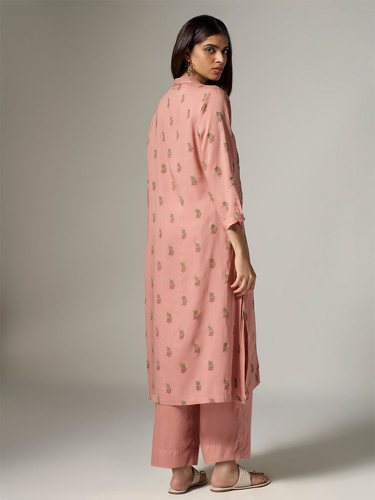 Zuba Peach Floral Design A-Line Kurta