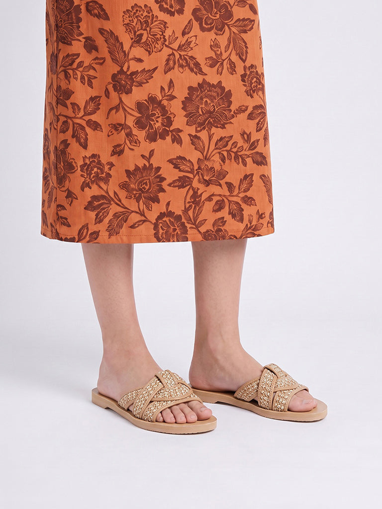 LUNA BLU Beige Woven Multi-Strap Slides