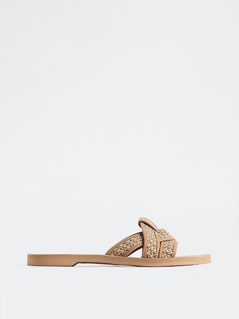 LUNA BLU Beige Woven Multi-Strap Slides