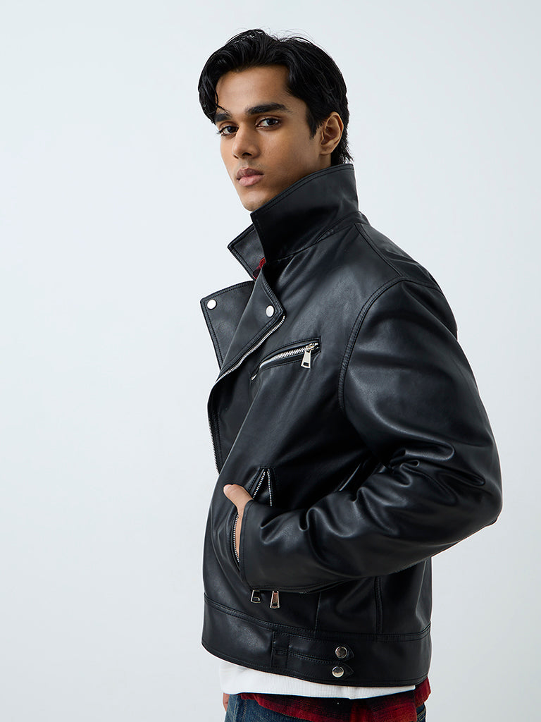 Nuon Black Relaxed-Fit Faux Leather Biker Jacket