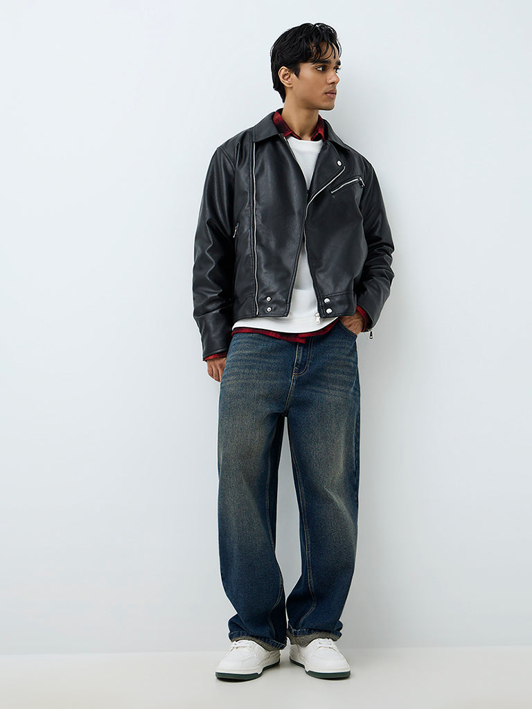Nuon Black Relaxed-Fit Faux Leather Biker Jacket