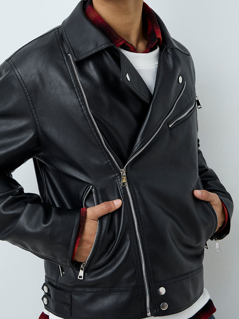 Nuon Black Relaxed-Fit Faux Leather Biker Jacket
