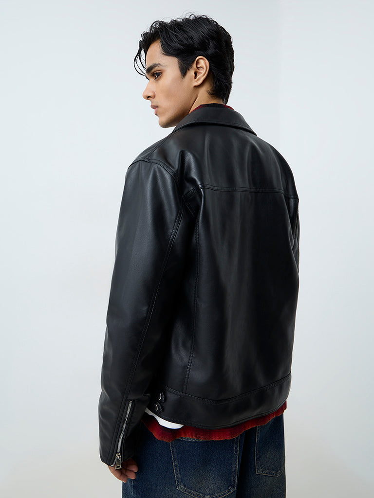 Nuon Black Relaxed-Fit Faux Leather Biker Jacket