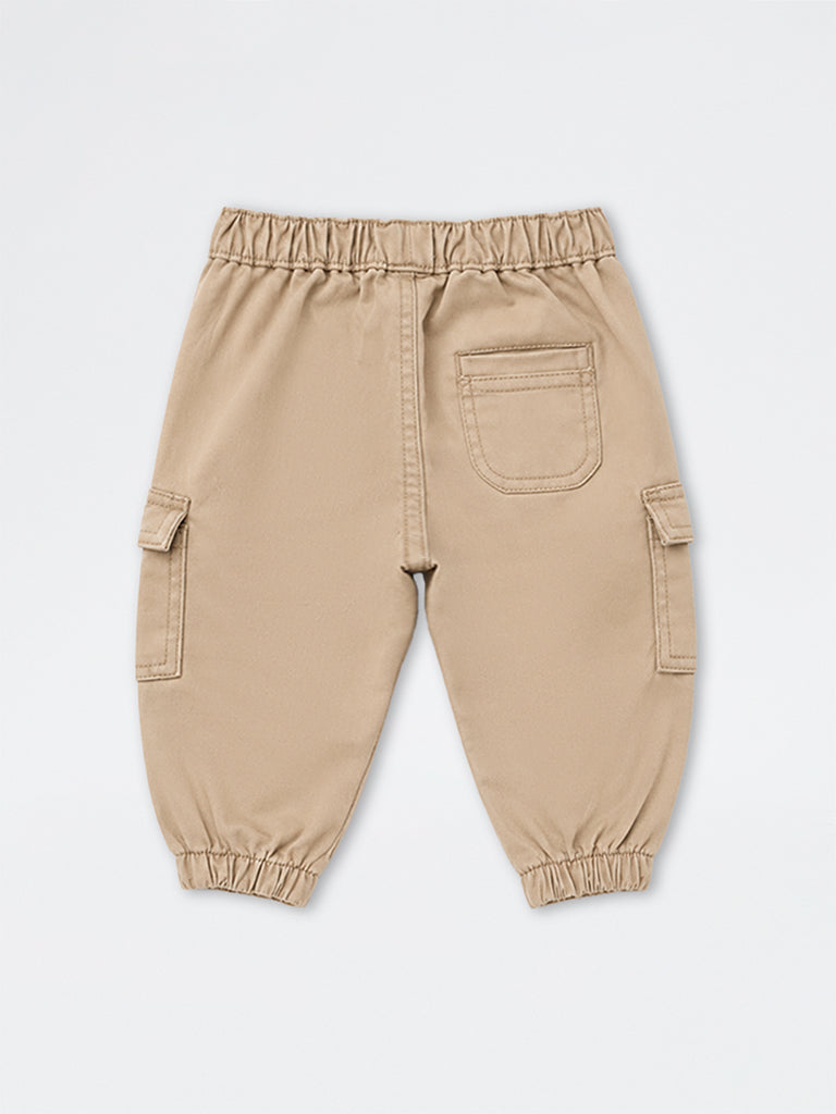 HOP Baby Boys Taupe Solid Mid-Rise Cotton-Blend Joggers