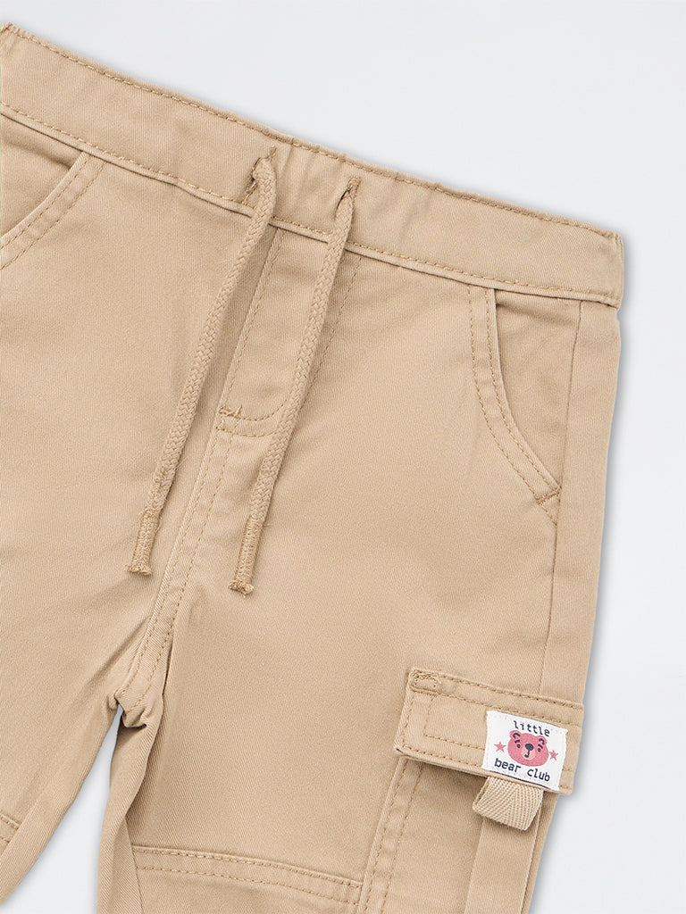 HOP Baby Boys Taupe Solid Mid-Rise Cotton-Blend Joggers