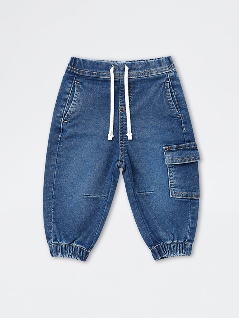 HOP Baby Boys Blue Mid-Rise Cotton-Blend Jogger-Style Jeans