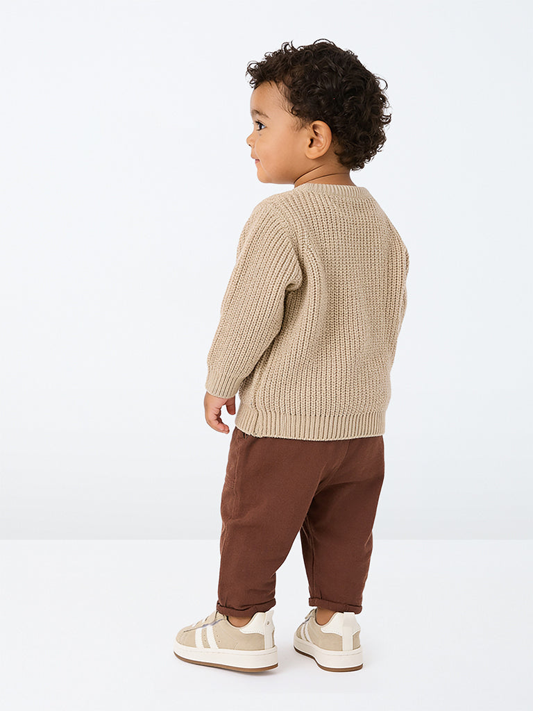HOP Baby Boys Brown Solid Mid-Rise Cotton-Blend Trousers
