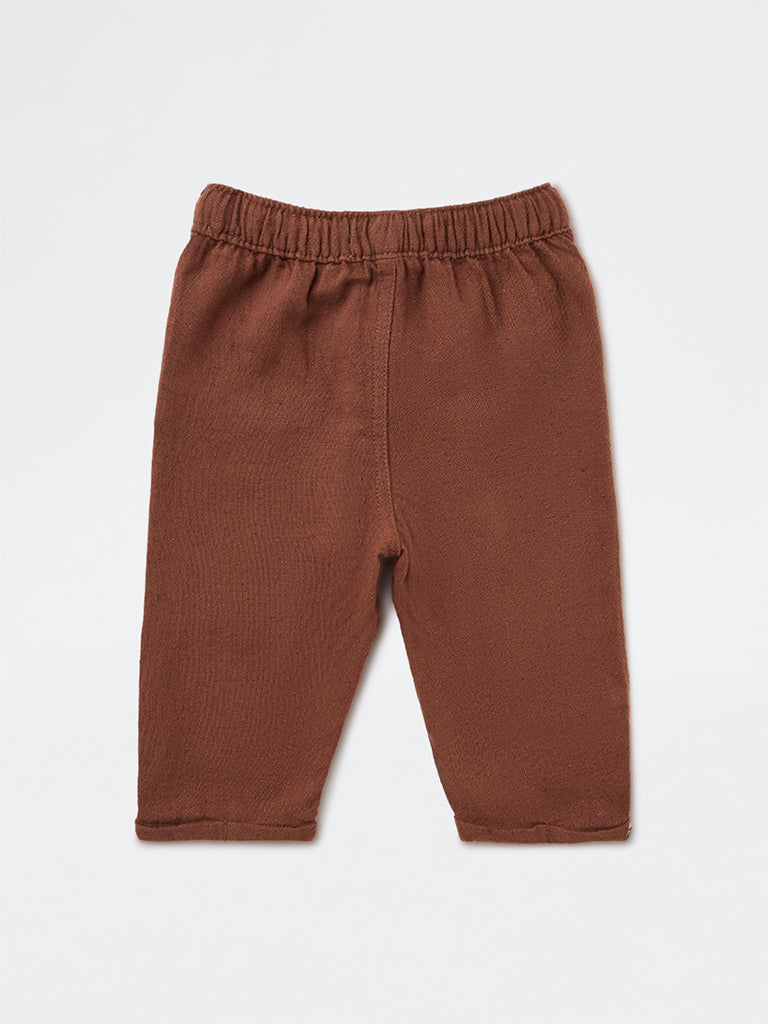 HOP Baby Boys Brown Solid Mid-Rise Cotton-Blend Trousers
