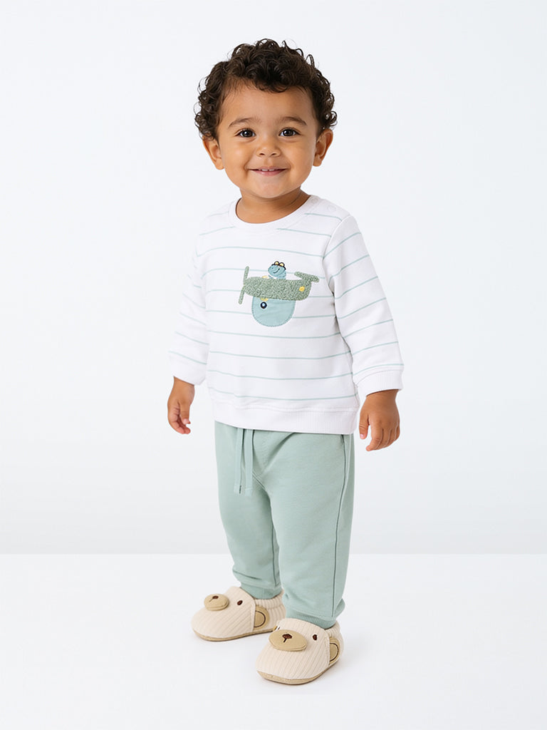 HOP Baby Boys Sage Striped Cotton Sweatshirt and Pants Set
