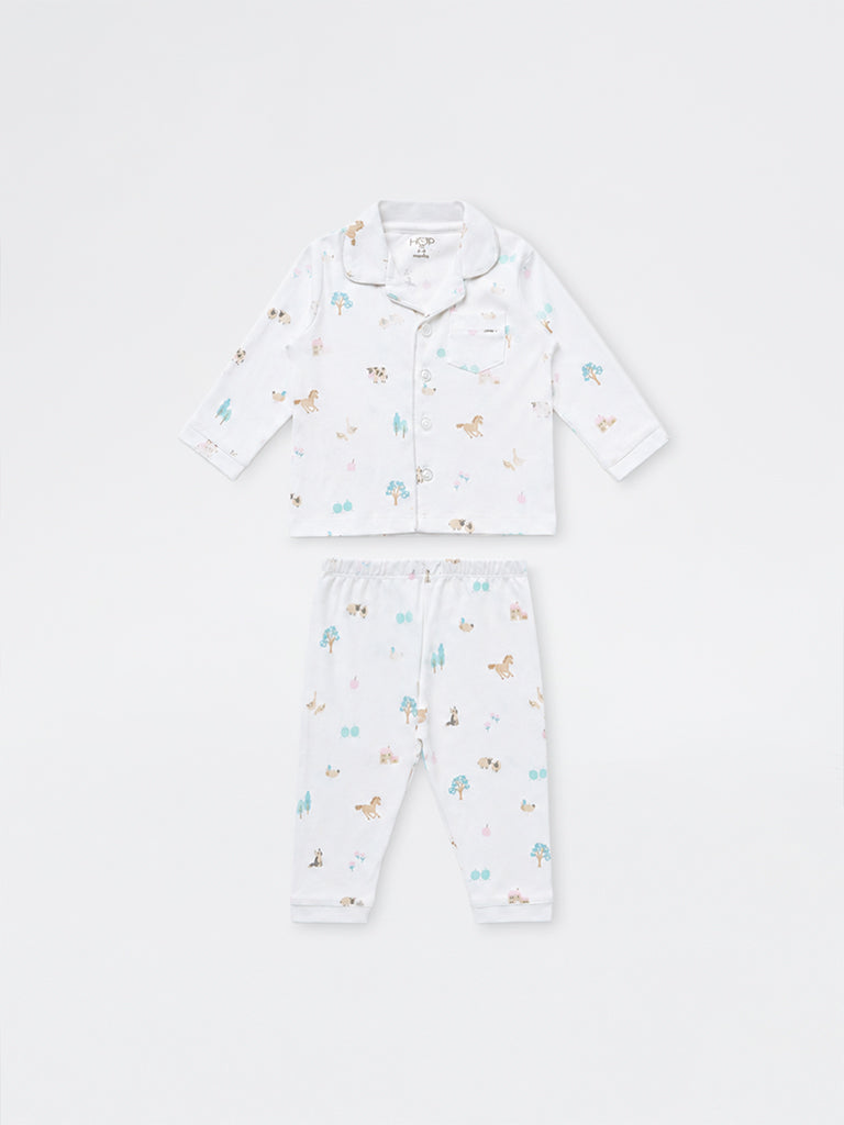 HOP Baby Boys White Animal Printed Cotton Shirt and Pants Set