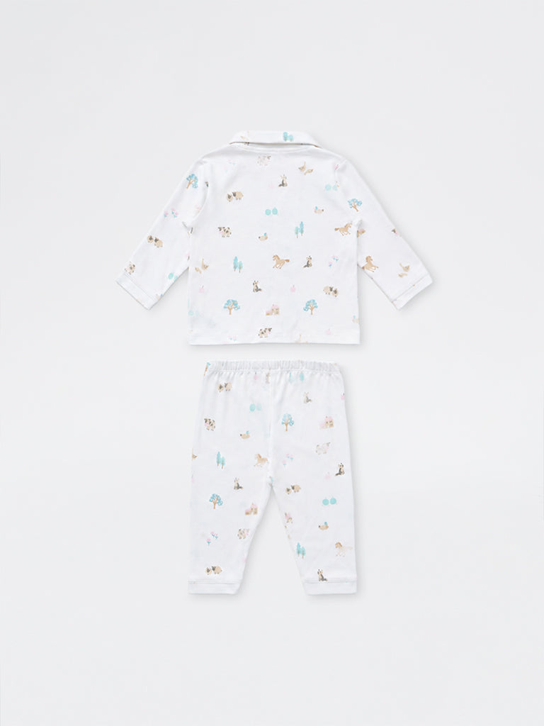 HOP Baby Boys White Animal Printed Cotton Shirt and Pants Set