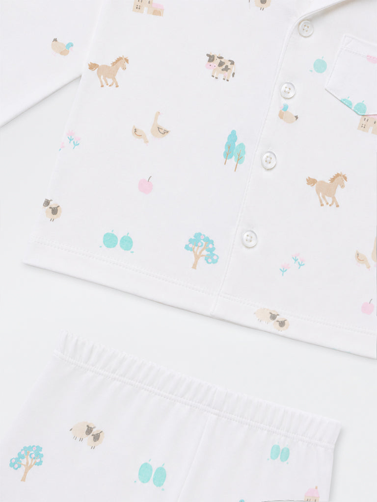 HOP Baby Boys White Animal Printed Cotton Shirt and Pants Set