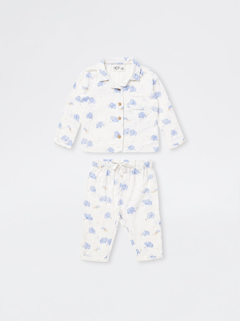 HOP Baby Boys White Animal Pattern Cotton Shirt and Pants Set