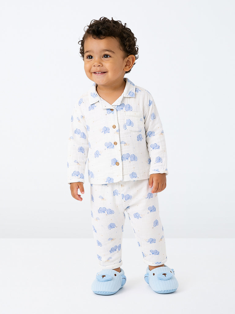 HOP Baby Boys White Animal Pattern Cotton Shirt and Pants Set