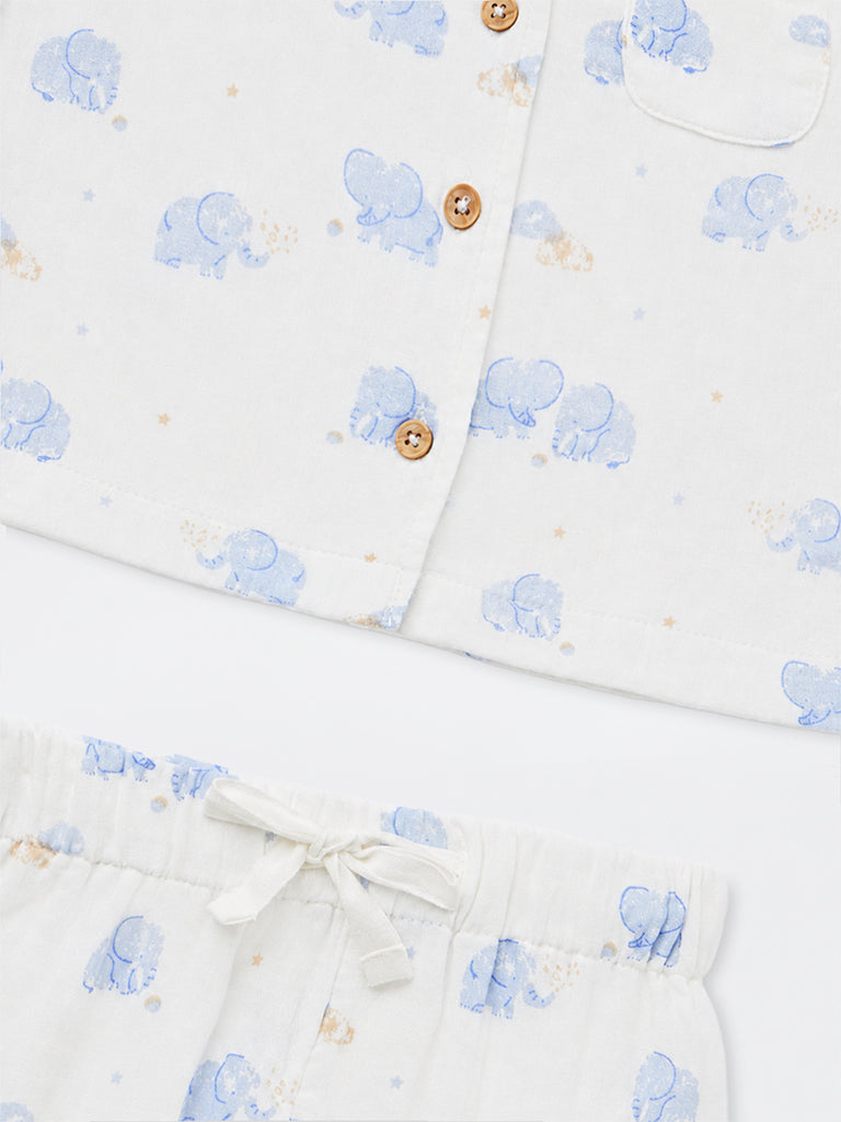 HOP Baby Boys White Animal Pattern Cotton Shirt and Pants Set