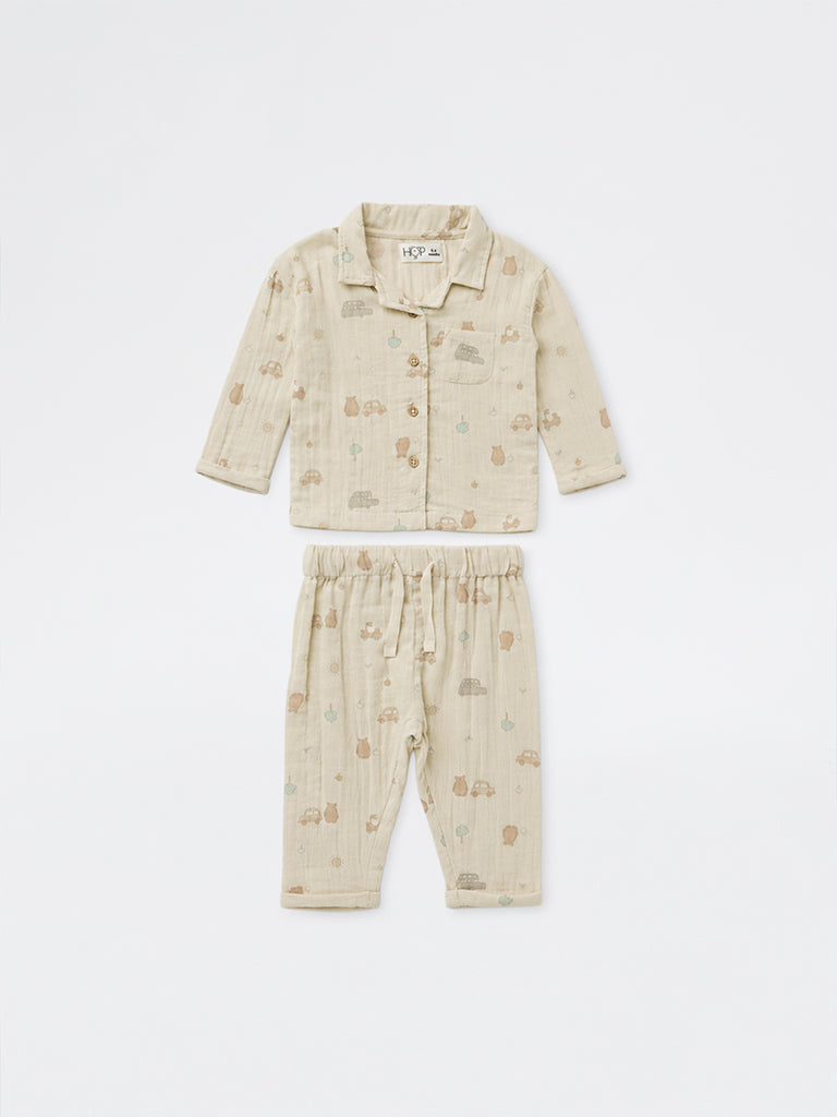 HOP Baby Boys Beige Printed Cotton Shirt and Pants Set
