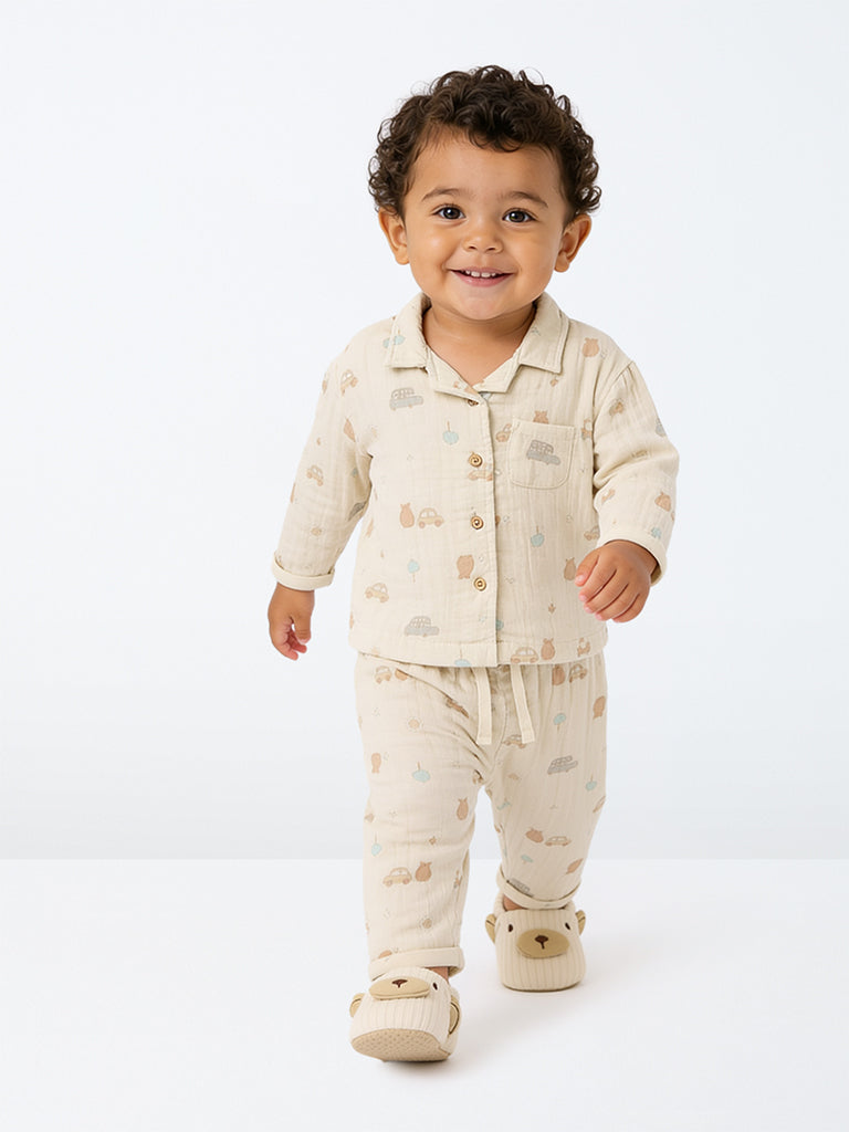 HOP Baby Boys Beige Printed Cotton Shirt and Pants Set