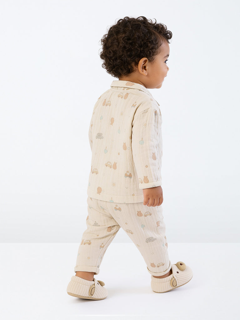 HOP Baby Boys Beige Printed Cotton Shirt and Pants Set